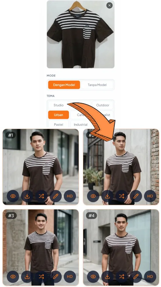 Foto Busana dengan Model — input & hasil AI