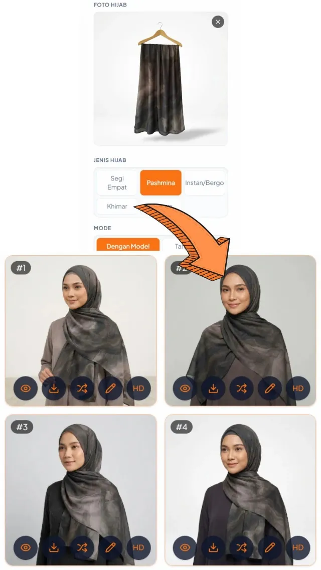 Foto Hijab dengan Model — input & hasil AI