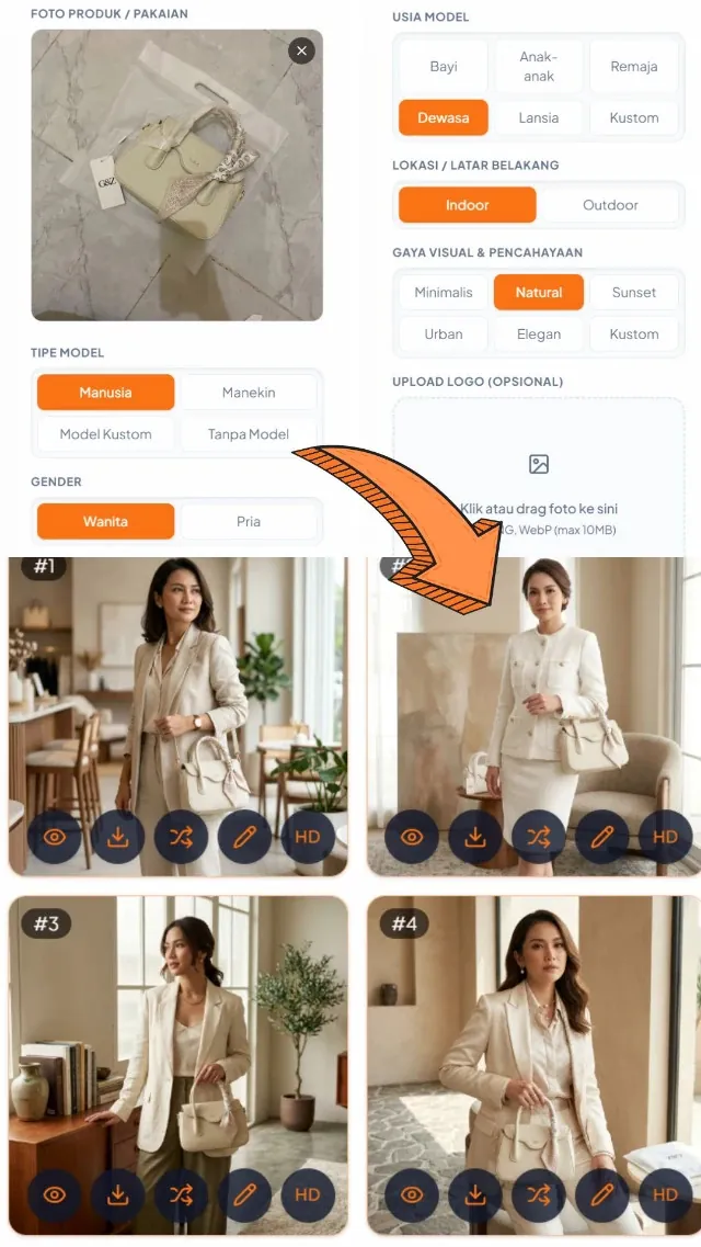 Foto Produk Fashion + Model — input & hasil AI