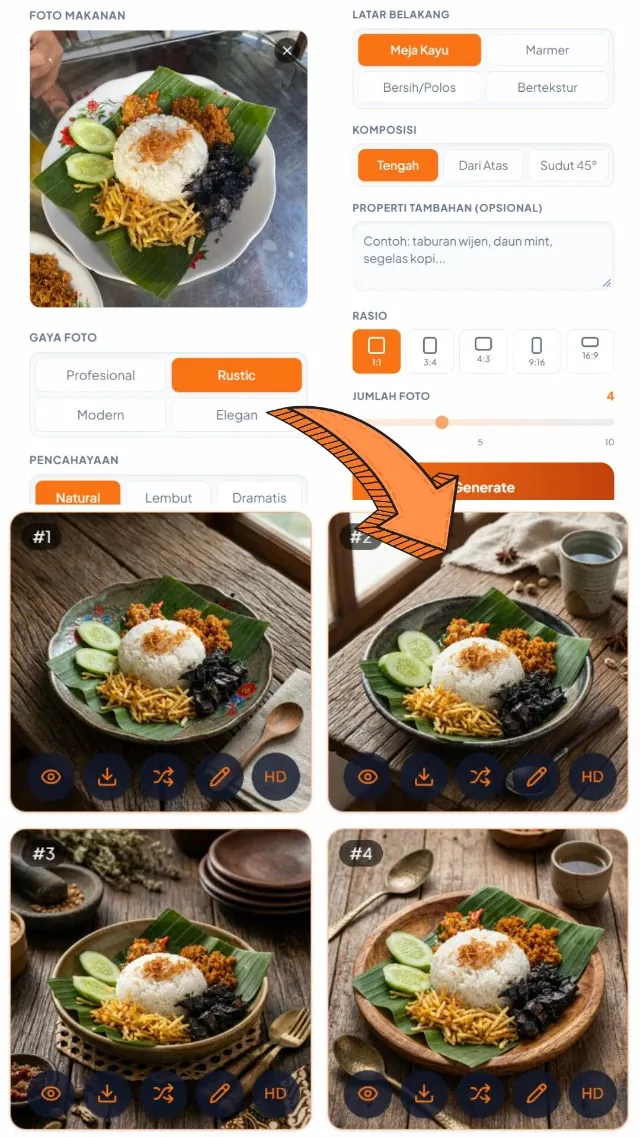 Foto Makanan Menggugah Selera — input & hasil AI
