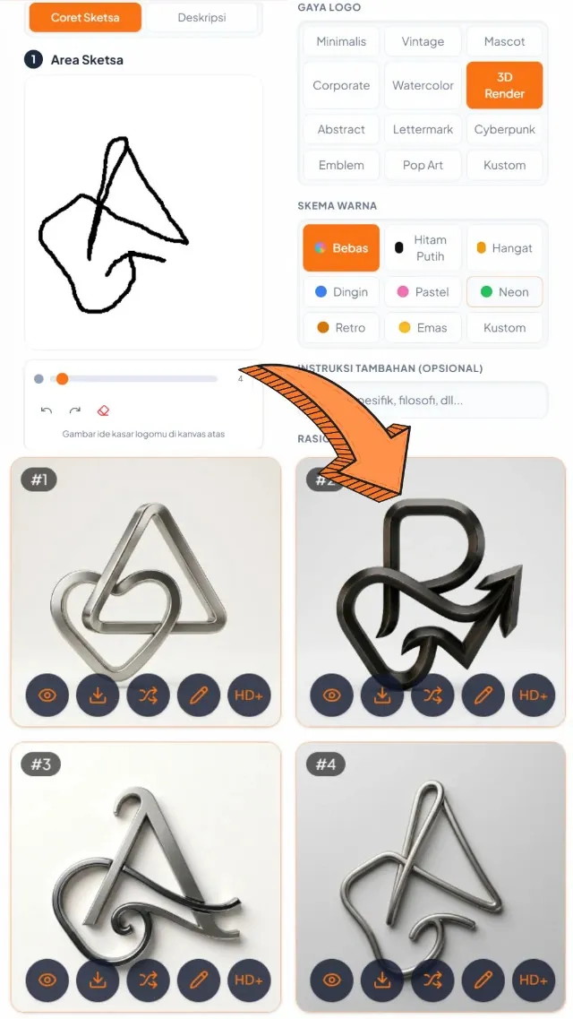 Sketsa Jadi Logo 3D — input & hasil AI