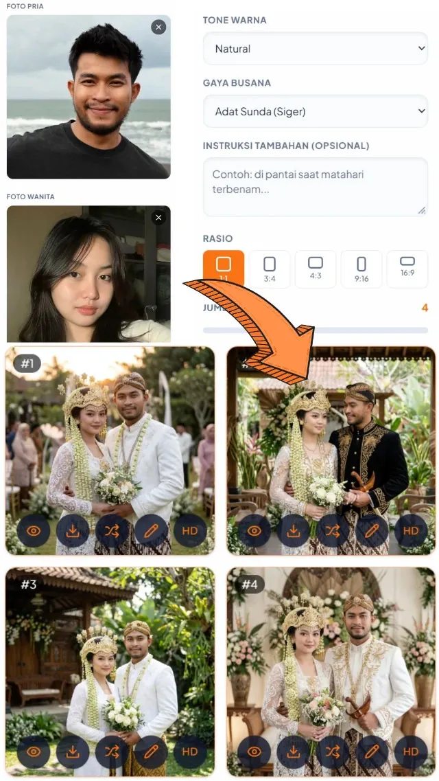 Prewedding Adat — input & hasil AI