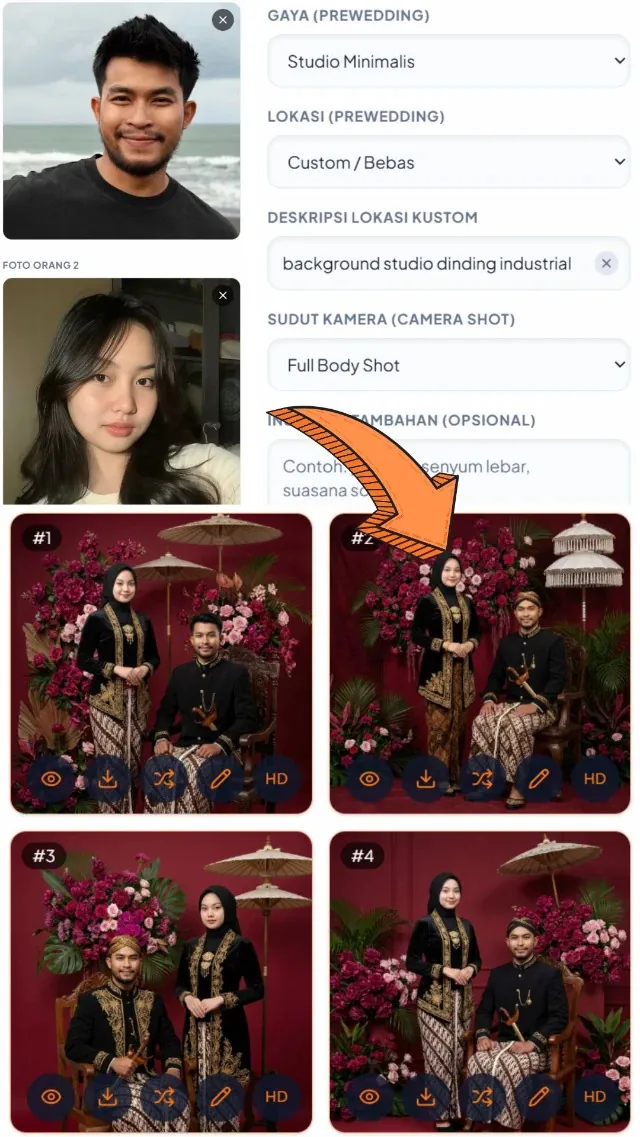 Prewedding Studio — input & hasil AI