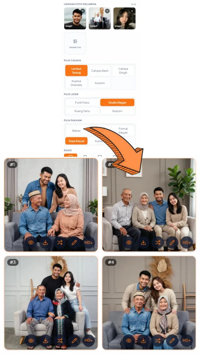 Foto Keluarga Studio — input & hasil AI