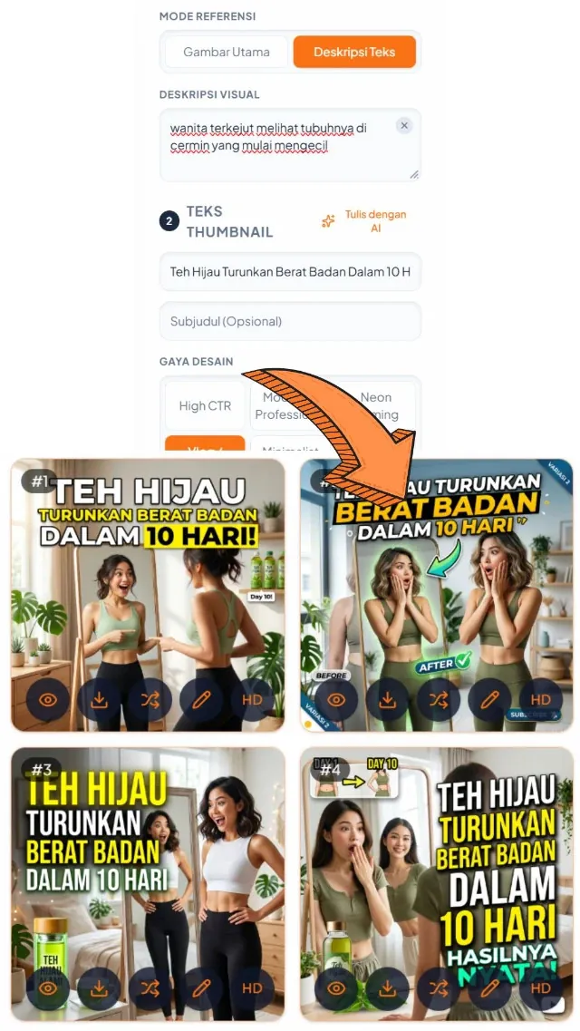 Thumbnail YouTube — input & hasil AI