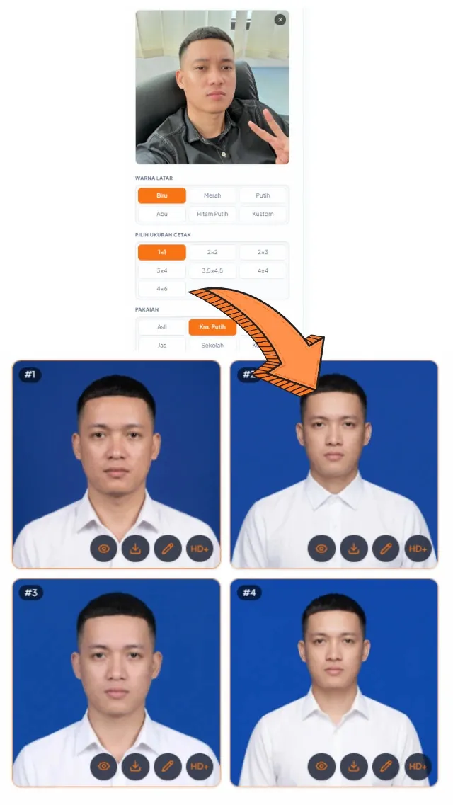 Pas Foto Resmi — input & hasil AI