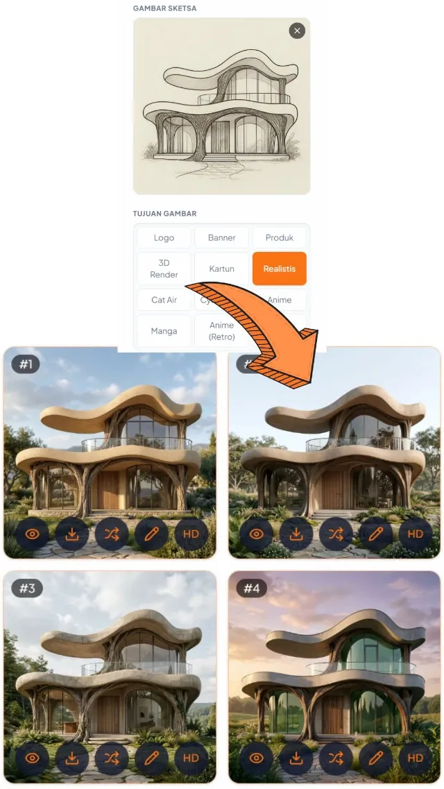 Sketsa Jadi Bangunan Realistis — input & hasil AI