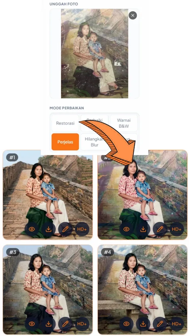 Restorasi Foto Lama — input & hasil AI