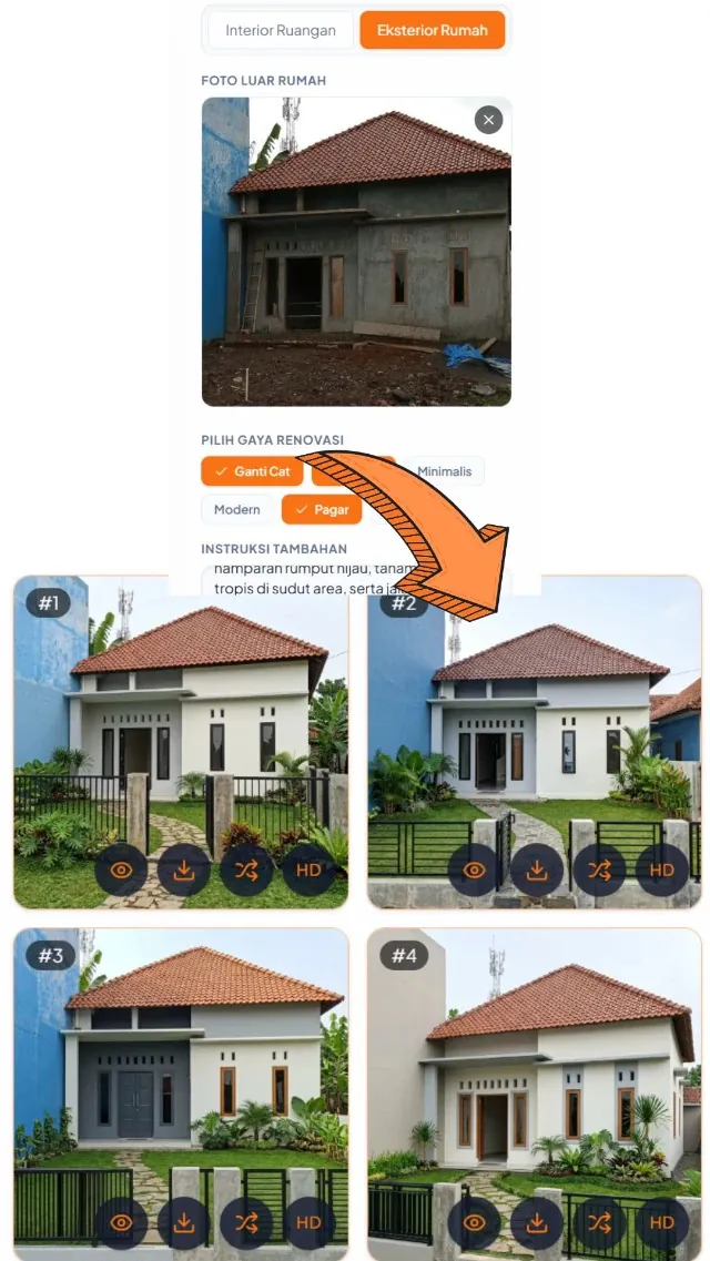 Renovasi Rumah Virtual — input & hasil AI