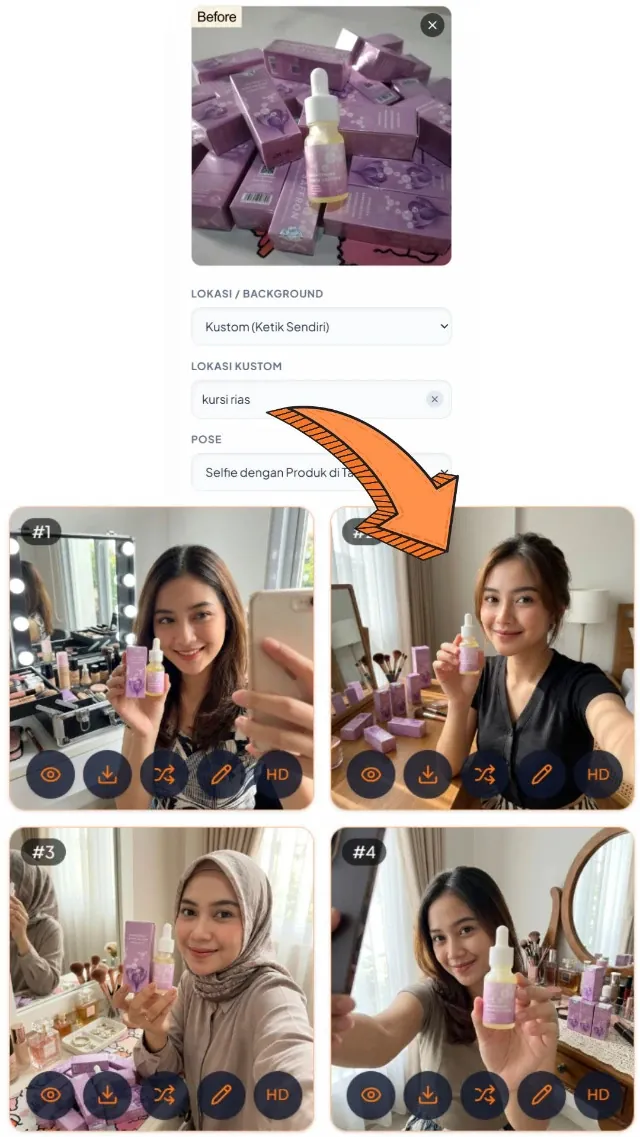 Selfie Model dengan Produk (UGC) — input & hasil AI