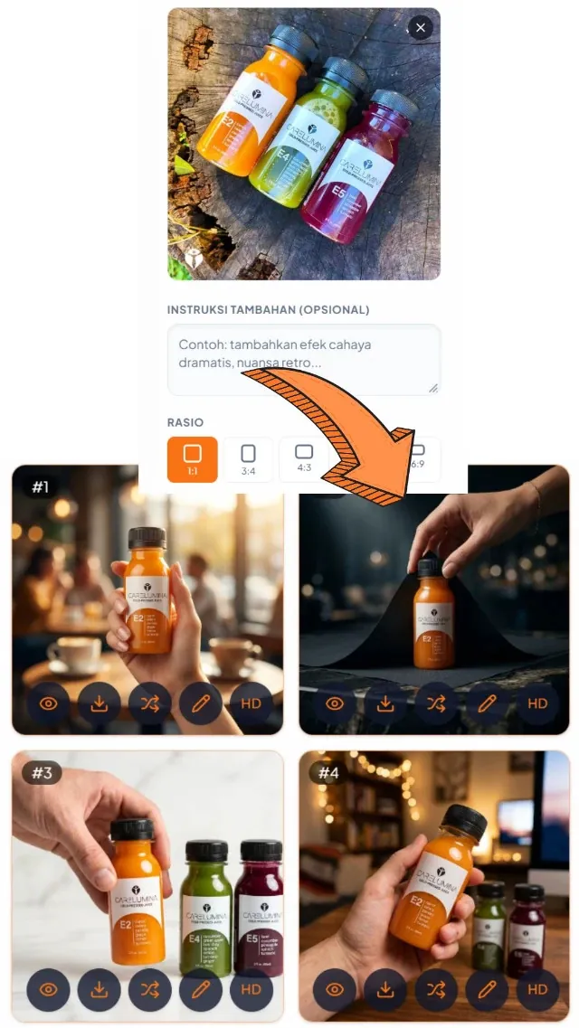 Foto Produk Lifestyle — input & hasil AI
