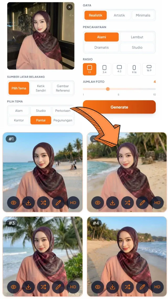 Ganti Background Lokasi — input & hasil AI