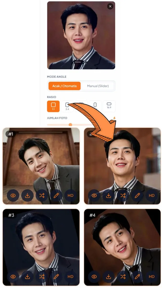 Ganti Angle Wajah — input & hasil AI