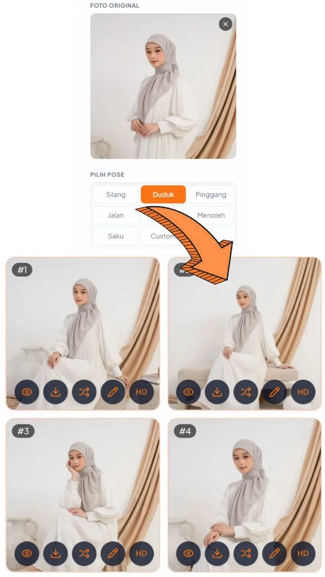 Ganti Pose — input & hasil AI