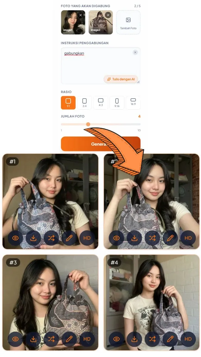 Gabung Foto Model + Produk — input & hasil AI