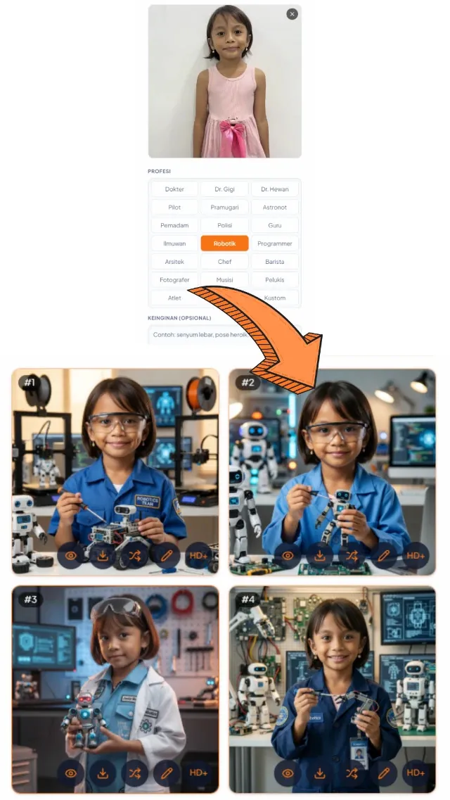 Foto Profesi Anak — input & hasil AI