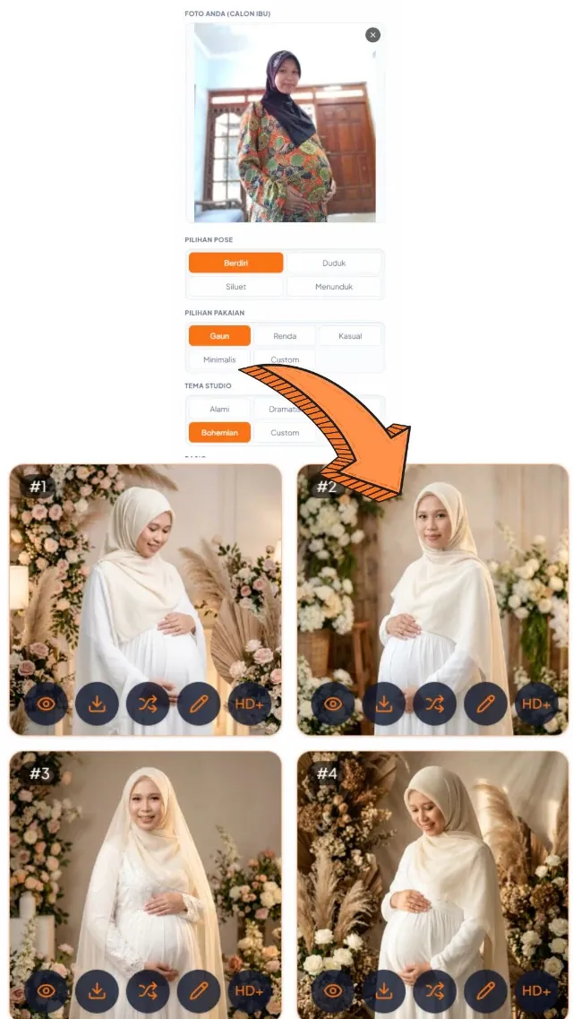 Foto Maternity — input & hasil AI
