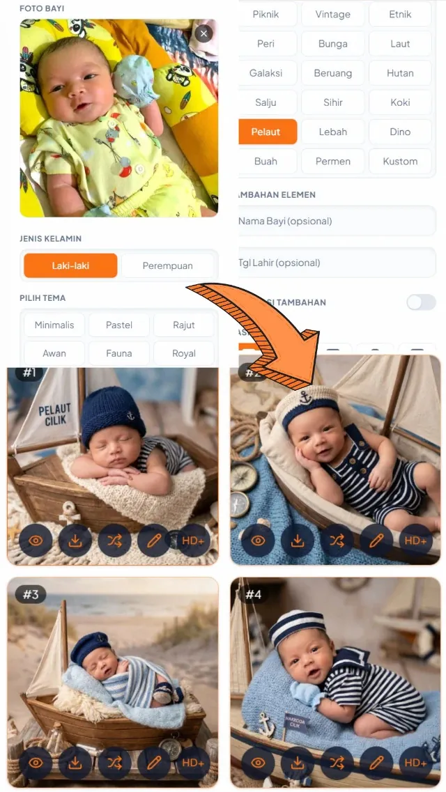 Foto Newborn — input & hasil AI
